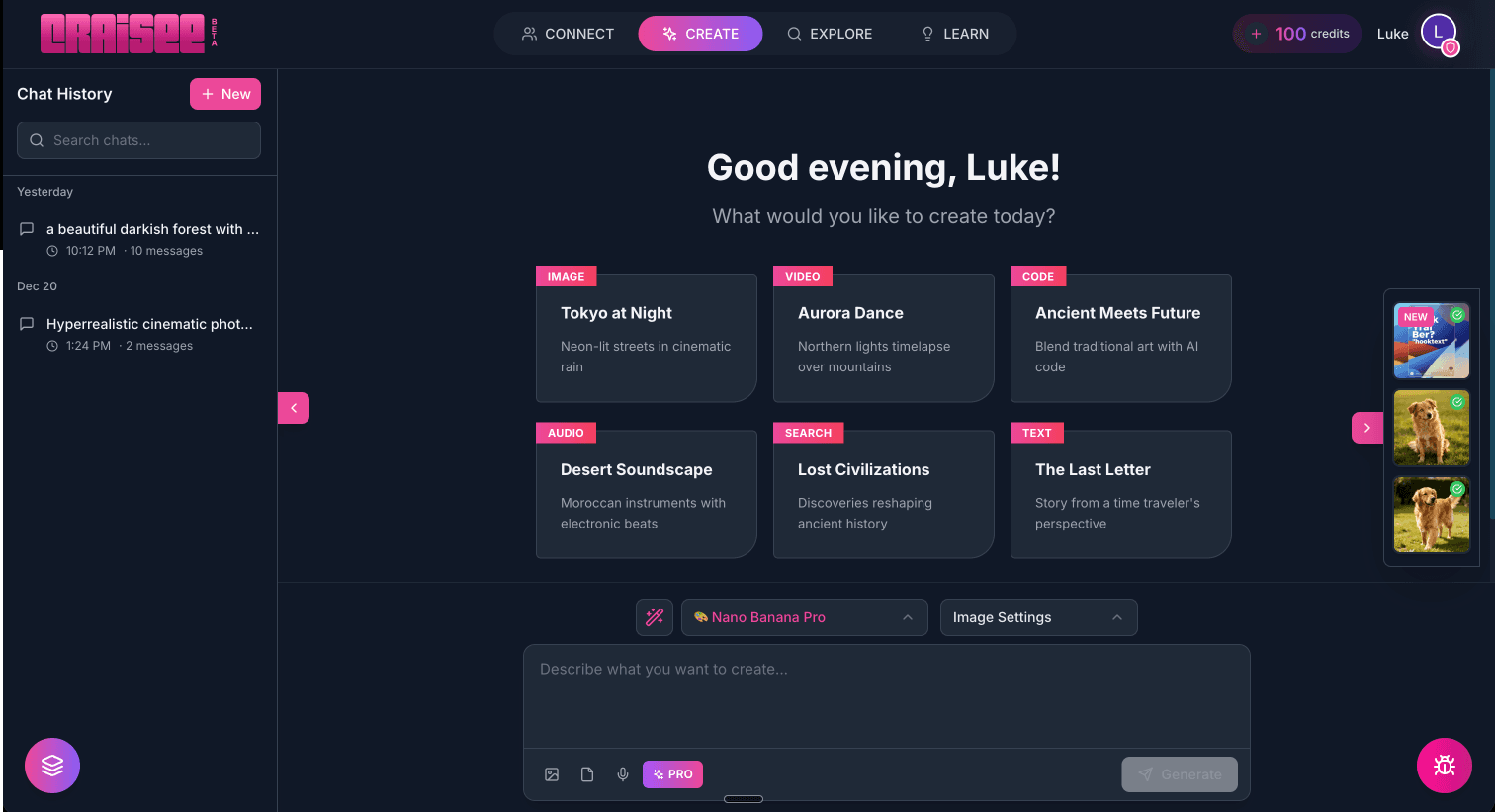 CRAISEE AI creative platform dashboard showing the complete workflow from ideation to execution with AI image generation, video creation, and audio tools